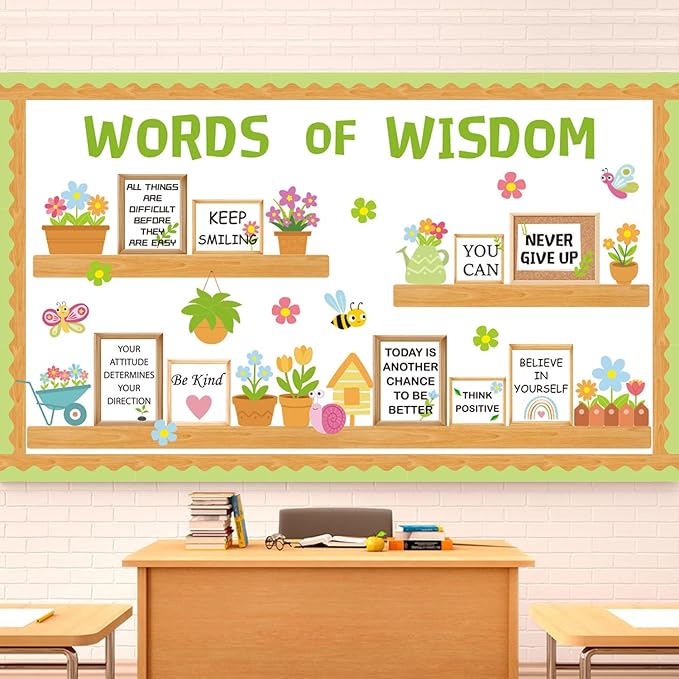 Spring Flower Bulletin Board Decorations Set Inspirational Bookshelf Classroom Decorations March April Floral Cutout Words of Wisdom Bulletin Decor with Border for Wall Door Library Home Office School