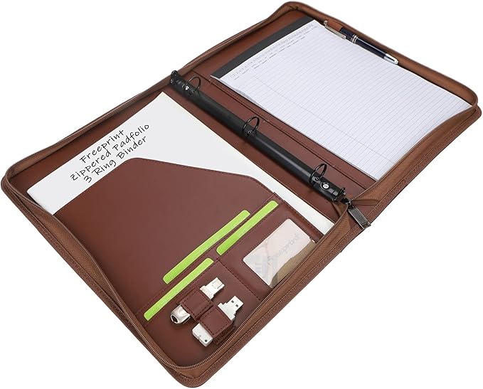 Zippered Portfolio 3 Ring Binder Organizer with Writing Pad Legal Size Letter - PU Leather Padfolio Document Organizer for Interview Business，Brown