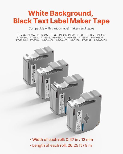 VEVOR Label Maker Tape, 4 Pack, 0.47 in / 12 mm Black on White Label Cartridge Compatible for Various Types of Brother Labelers, Durable & Long-Lasting, Waterproof, Replacement for Letra Tag M-K231