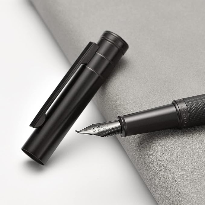 Brushed Black Forest Fude Pen, Bent Nib Calligraphy Fountain Pen (Fine to Broad) with Converter and Metal Box Set by Asvine