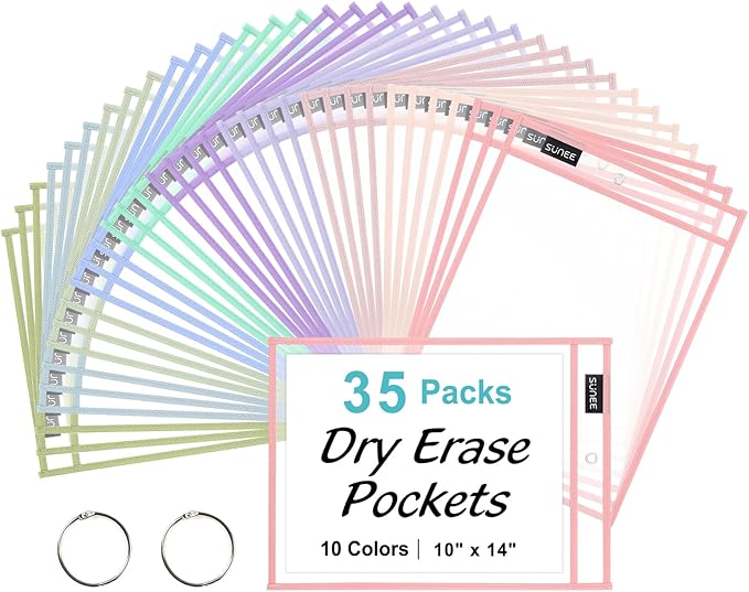 SUNEE 35 Packs Oversized Reusable Dry Erase Pocket Sleeves with 2 Rings, 10 Morandi Colors 10x14 Ticket Holders, Clear Plastic Sheet Protectors, Teacher School Classroom Supplies