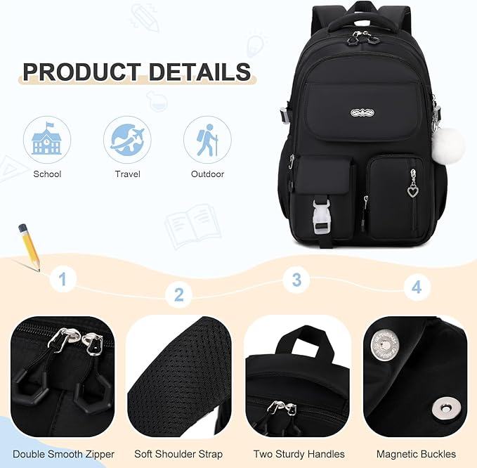 Backpacks for Girls, 3PCS School Backpack with Lunch Box Pencil Pouch for Teen Girls Kids Elementary Primary Middle High College Travel School bag Bookbag Set （Black）