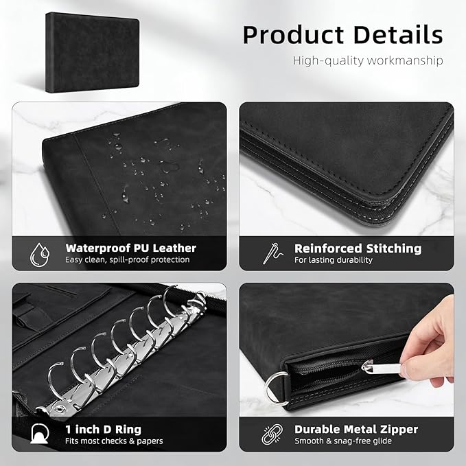 Ospelelf Black Zippered 7 Ring Check Binder for Business Checks (9" x 13"), 1 Inch Faux Leather Checkbook Portfolio with Zipper Pouch, Professional Binder Organizer for Accountants, Home Use
