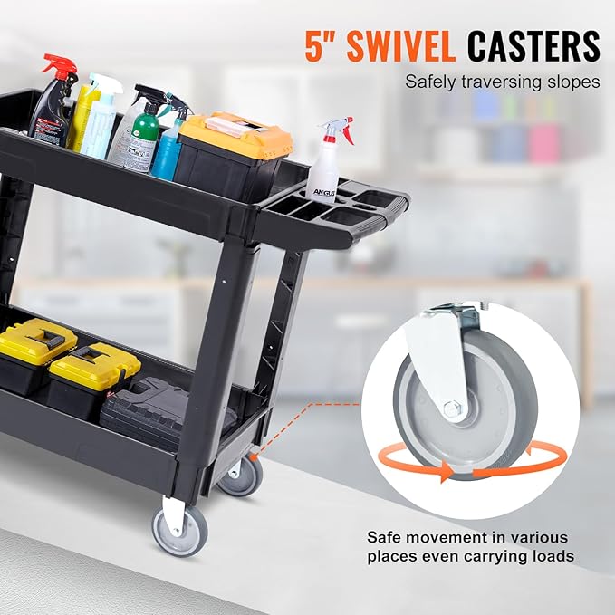 VEVOR Utility Service Cart, 2 Shelf 550LBS Heavy Duty Plastic Rolling Utility Cart, Medium Lipped Shelf, 360° Swivel Wheels, Ergonomic Storage Handle for Warehouse Garage, Black