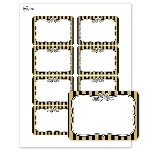 Avery Printable Adhesive Name Badges, 2-1/3" x 3-3/8", Pre-Printed Metallic Gold & Black Stripes w/Bow Design, Matte White, Laser & Inkjet Compatible, 80 Total