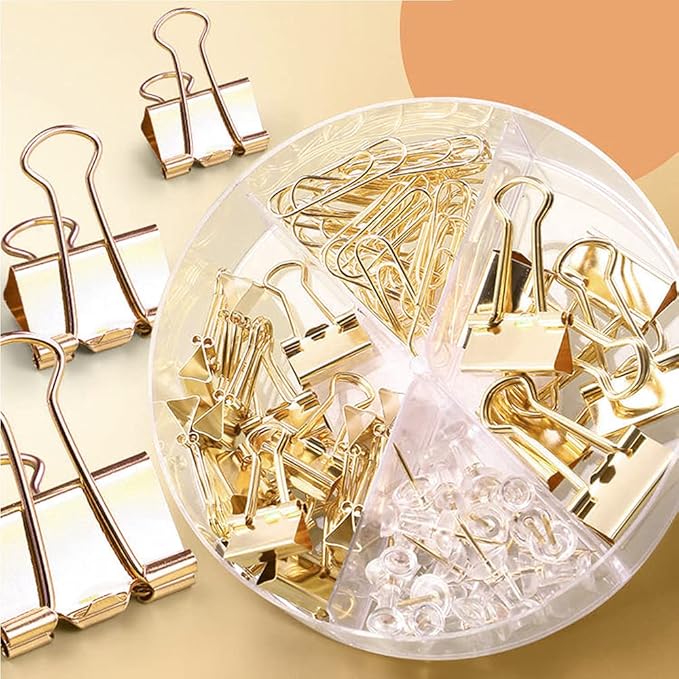 Paper Binder and Clips Set, Metal Assorted Sized Binders with Push Pins, Cute Office Supplies, Teacher Desk Must Haves, Cute Desk Accessories
