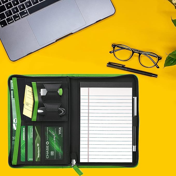 Small Portfolio Organizer, A5 Zippered Business Portfolio, Junior Padfolio Folder Binder for Women & Men, 5 x 8 Writing Pad Included,Green