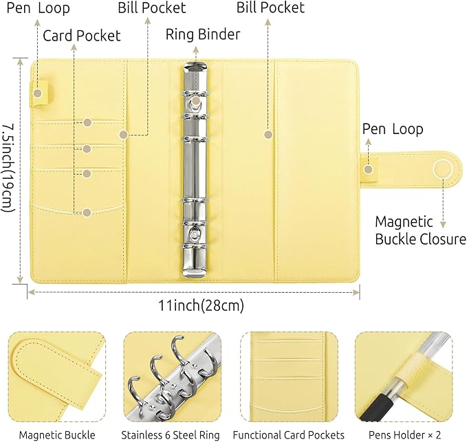 SKYDUE Budget Binder with 8pcs Zipper Envelopes, Money Organizer for Cash with 12pcs Expense Budget Sheets & 24 Blak Sticky Labels, Budget Book with Cash Envelopes, Yellow, A6 (1008HYJ-HZ_A6Yellow)