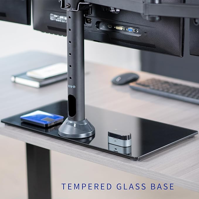 VIVO Black Triple Monitor Mount Freestanding Desk Stand with Glass Base, Heavy Duty Fully Adjustable Stand for 3 Screens up to 24 inches STAND-V003FG