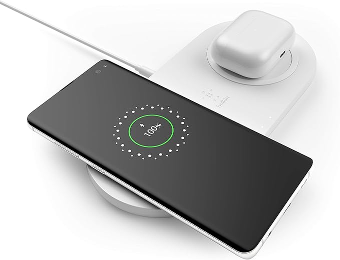 Belkin Quick Charge Dual Wireless Charging Pad - 10W Qi-Certified Charger Pad for iPhone, Samsung, Apple Airpods & More - Charge While Listening to Music, Streaming Videos, & Video Calls - White