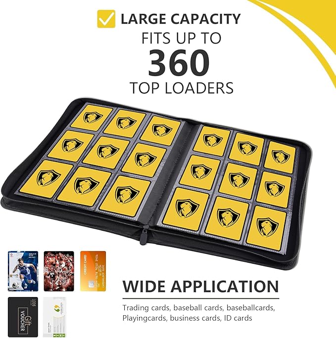 9 Pocket Card Binder, Premium Zip Trading Card Binder, 360 Double Sided Pocket PU Collection Binder, Collector Album, Card Folder for MTG, TCG, Sports Cards, (Yellow)