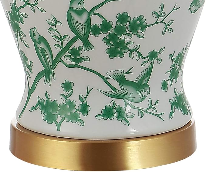 JONATHAN Y 22" White/Green Ceramic Table Lamp, French Country Chinoiserie Ginger Jar LED Bedside Lamp for Living Room Bedroom, White Linen Shade (JYL3005B)