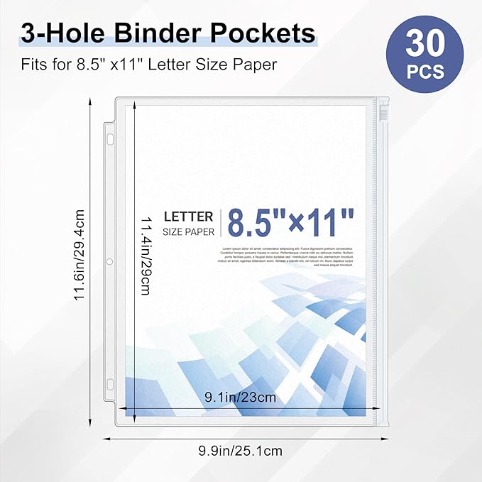 Antner 30pcs Letter Size Binder Pockets for 3 Ring Binder, White Zipper Document Organizer Pouches Heavyweight PVC 3-Hole Loose Leaf File Folders Page Sheet Protectors Side-Loading for Home Office