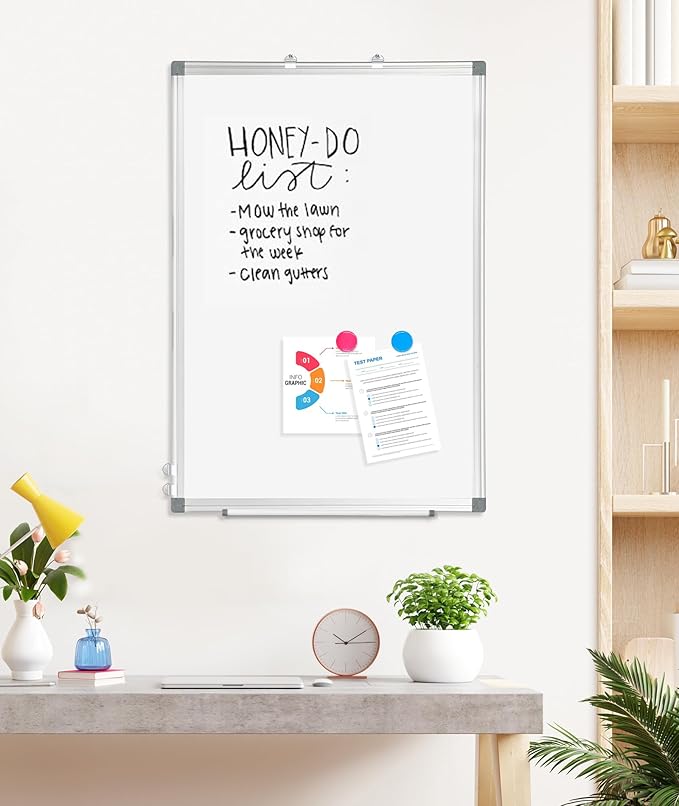 Double-Sided Magnetic Whiteboard, 24" x 18" Dry Erase Board Aluminum Frame for Wall, White Board Marker Board for Kitchen, Memo, School, Home, Office