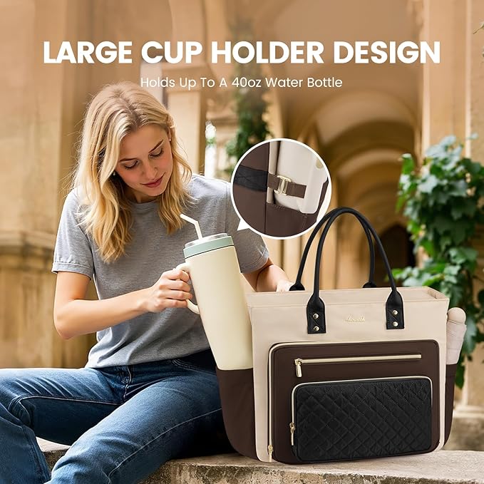 LOVEVOOK Laptop Tote Bag for Women With Large Cup Holder, Work Bags Teacher Nurse Bag, 15.6 Inch Professional Briefcase Business Travel Large Purses Handbag Gifts, Diaper Bag With Multi-Pockets