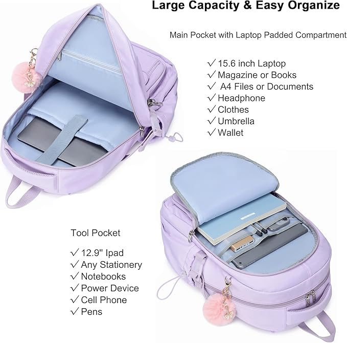 School Bag for Teens Girls,Girls Backpack Set,3 PCS Kids Backpack for Women,15.6 Inch Laptop Middle High School College Student Casual Travel Daypack with Lunch Box Pencil Pouch Set(Purple)