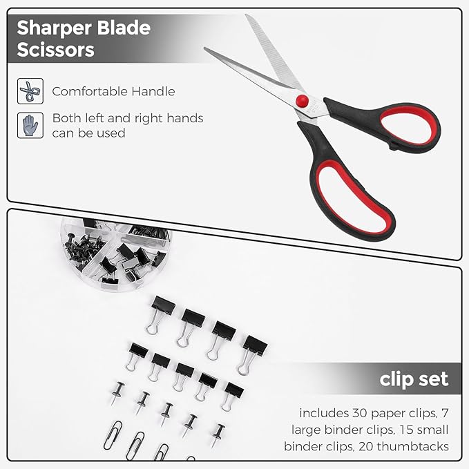 SKYDUE Black Office Supplies, Mesh Desk Organizer, Stapler, Tape Dispenser, Scissors, Binder/Paper Clips and 1000pcs Staples, Desk Supplies Set