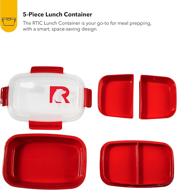 RTIC 5 Compartment Lunch Containers, Hot Food Container with Lid for Adults, Microwave Safe Divided Snack Lunch Box for Work or Travel, Reusable, BPA Free with Vent Space