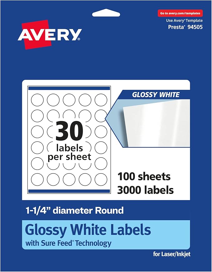 Avery Glossy White Round Labels, Sure Feed Technology, 1.25" Diameter, 3,000 Glossy White Labels, Print-to-The-Edge, Permanent Adhesive, Laser/Inkjet Printable