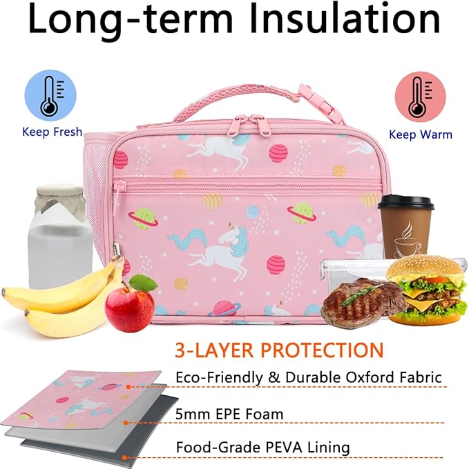 Insulated Lunch Box for School, Thermal Reusable Durable Freezable Lunch Bags for Kids Boys Girls Men Women - Small Soft Cooler Portable Lunch Tote Kit for Work Picnic Travel,Pink Unicorn