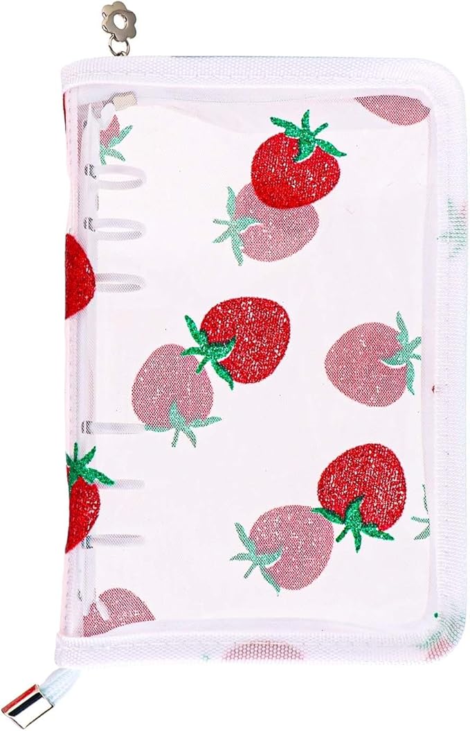 AxeWoodz White A6 Zipper Binder Clear Refillable Notebook Shell Cute Strawberry Lace Cover 6 Ring PVC Binder Cover for Photocard Planner Journal Photo Album