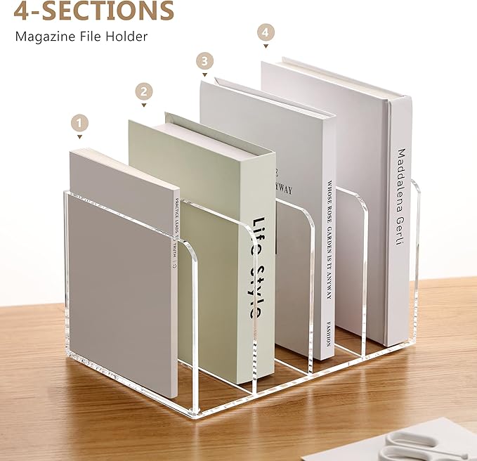 SANRUI Acrylic Magazine Holder Desk Organizer Workspace Sorters，Clear Bookend File Sorter Holder,Folder Rack, Office Accessories Organization Storage with 4 Vertical Compartments