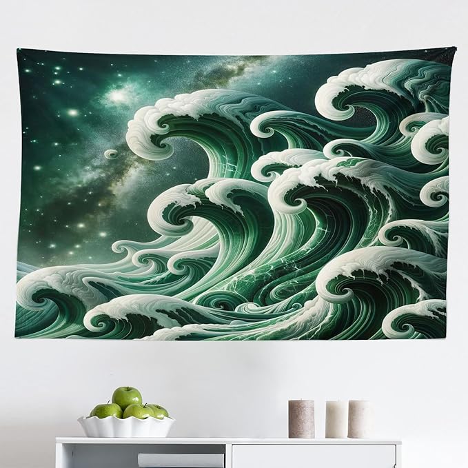 Ambesonne Green Tapestry, Bold Marble Print Ocean Waves with a Realistic Galaxy Space Starry Sky Illustration, Fabric Wall Hanging Decor for Bedroom Living Room Dorm, 45" X 30", Dark Teal