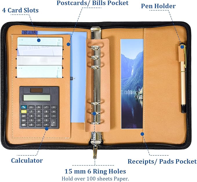 SAYEEC Leather Portfolio Notebook Binder with Calculator A5 6 Ring Refillable Budget Planner Binder Cover with Zipper Zippered Padfolio Organizer Business Journal Conference Folder Gifts for Men Women