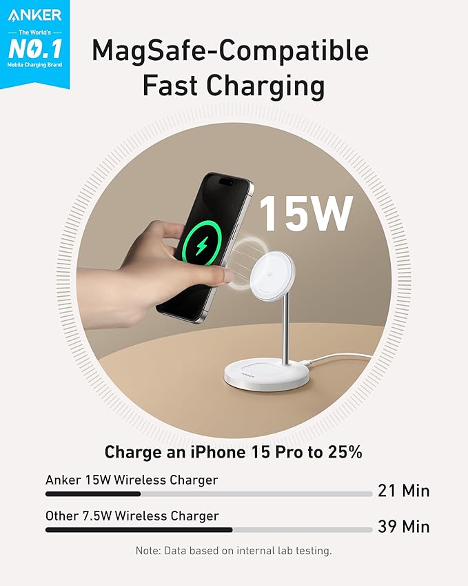 Anker MagSafe Compatible MagGo Charger Stand, iPhone 17 Wireless Charger, 2-in-1 Charging Station, Qi2 Certified 15W Fast Charging, for iPhone 17/16/15/14/13/12, AirPods Pro (White, No Adapter)