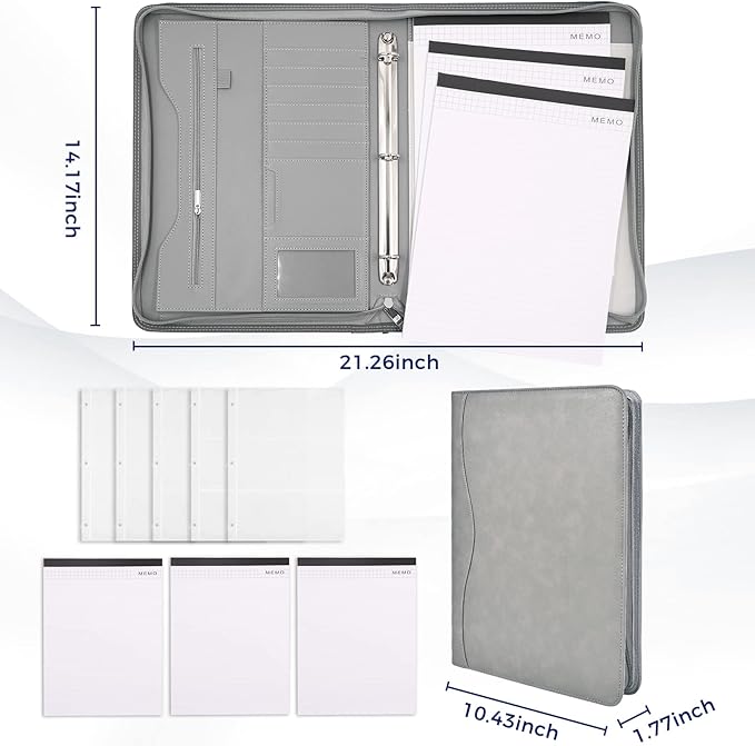 3-Ring Padfolio Portfolio Binder Organizer,PU Leather Folder Binder Business Planner Notebook Zippered Portfolio for Women/Men with Document Sleeve,Letter/A4 Size Clipboard