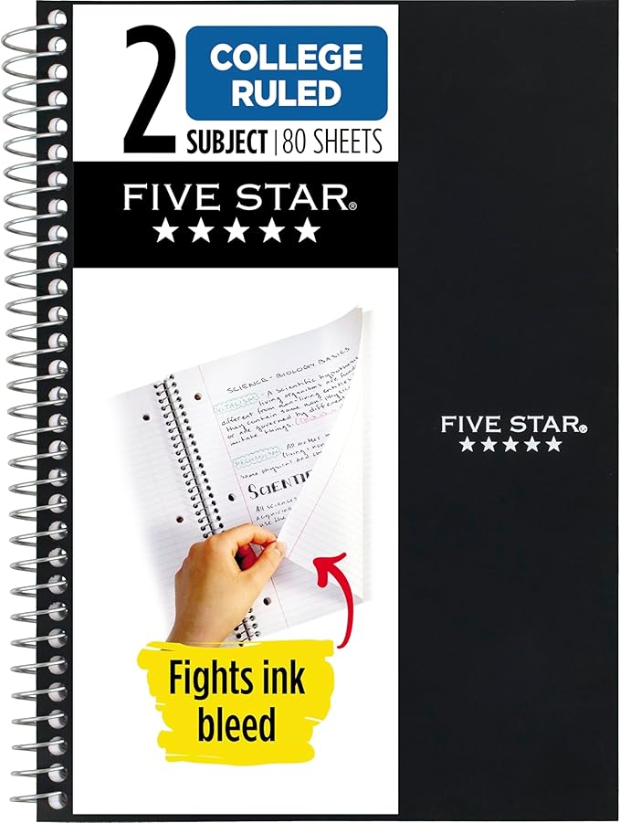 Five Star Spiral Notebook, 2 Subject, College Ruled Paper, 6" x 9-1/2", 80 Sheets, Fights Ink Bleed, Water Resistant Cover, Black (840029AA2-ECM)