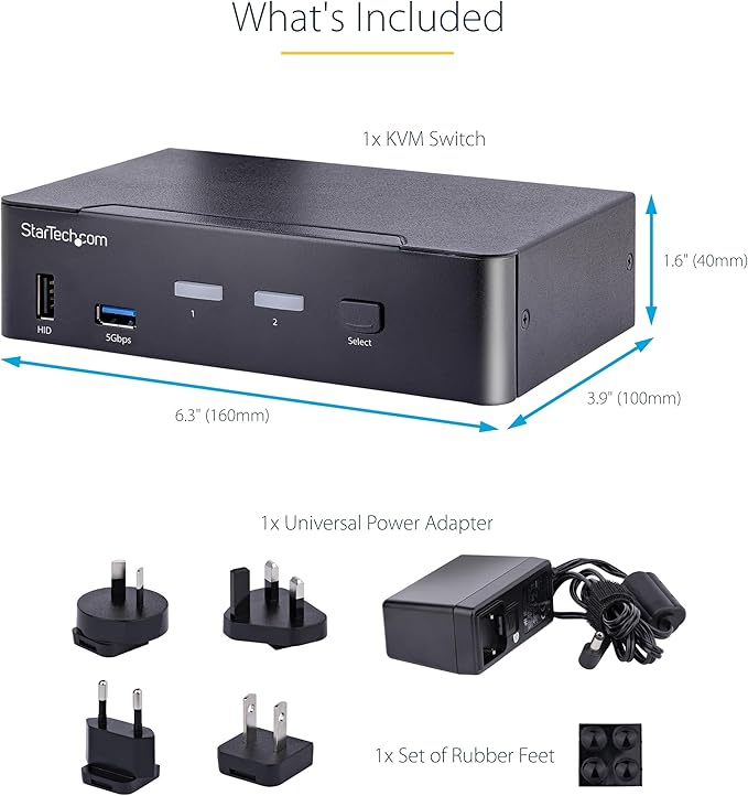 StarTech.com 2-Port USB-C KVM Switch, Single 4K 60Hz DisplayPort Monitor, 3.5mm Audio, 6X USB Hub Ports, Hot Key Switching, Thunderbolt 3/4 Compatible, TAA (SV231DPUCA)