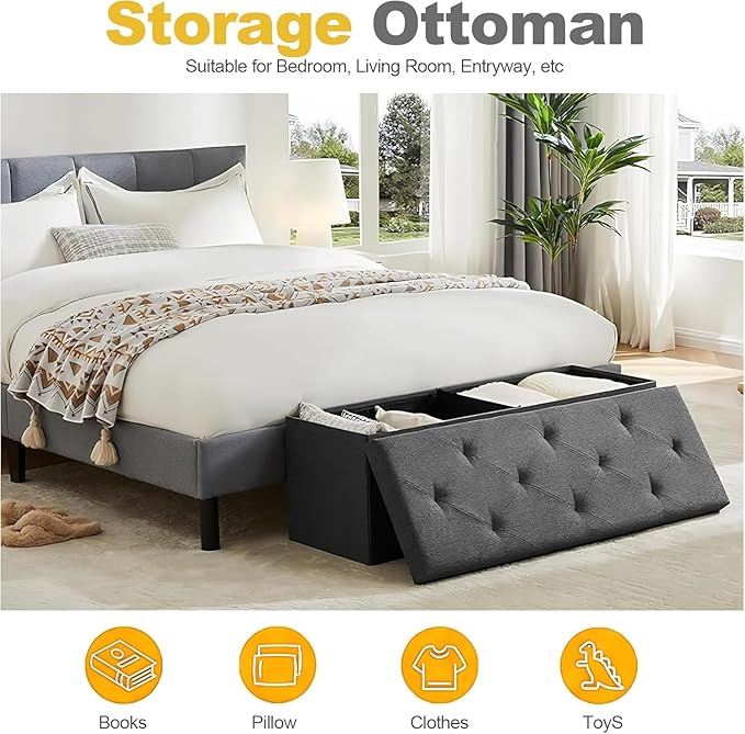 43 Inches Folding Storage Ottoman Bench, Ottoman Foot Rest, Storage Chest, End of Bed Foot Rest Stool with Padded Seat for Living Room, Bedroom, Entryway, Support 660lbs, Linen, Grey