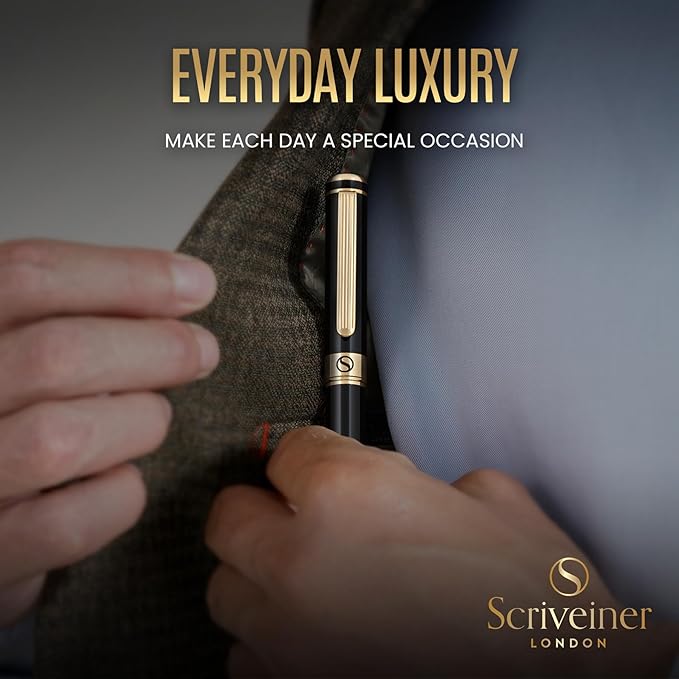 Scriveiner Luxury Fountain Pen - Stunning Black Lacquer Pen, Real Gold Finish, Schmidt Gilded Nib (Broad), Converter, Best Pen Gift Set for Men & Women, Professional, Executive, Office, Nice Pens