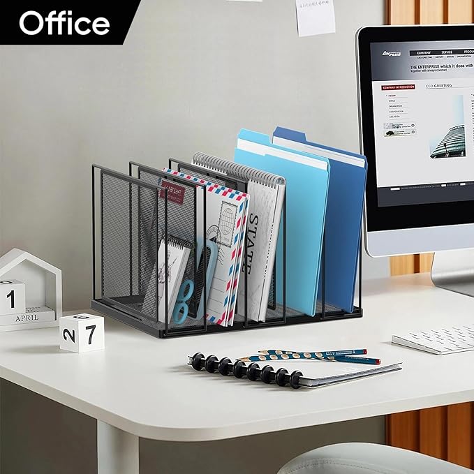 File Organizer for Desk, 5-Section Vertical File Sorter, Paper Holder Organizer Standing Metal File Folder for Office Home Classroom, Black 2 Pack