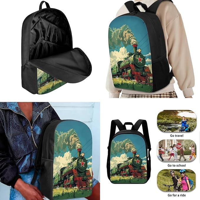Vintage Train Backpack for Boys, Lightweight Kids Backpack with Lunch Box Cute Kawaii Pencil Case, Large Comfortable Boys Bookbag School Backpack for Elementary Middle School, Green
