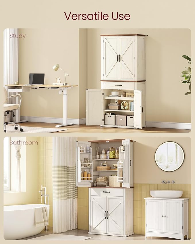 VASAGLE LIRY Collection - Pantry Cabinet, 70.3-Inch Tall Farmhouse Kitchen Storage Cabinet with Barn Doors, Drawer, Tray, Adjustable Shelves, for Kitchen, Dining Room, Rustic White UBBK364W01