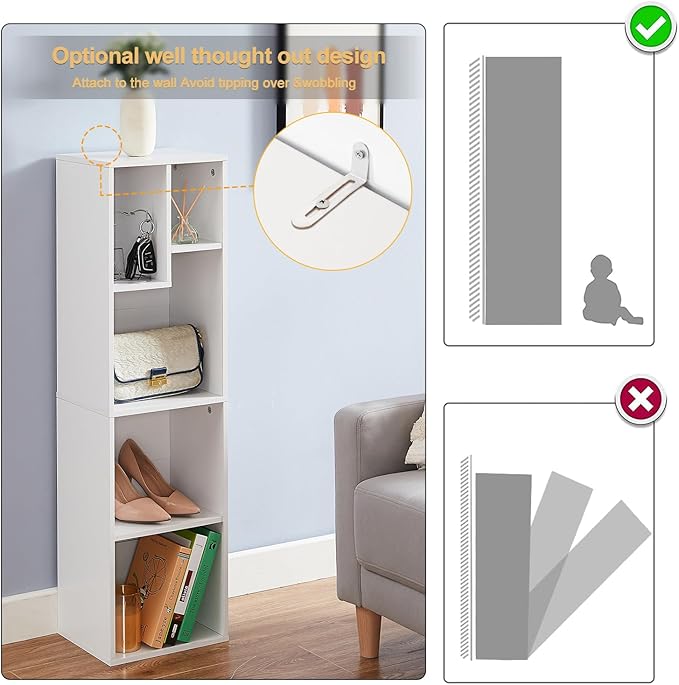 VECELO Small White Bookshelf, 5 Cube Slim Bookcase, Fits Tallest Hardcovers, Horizontal Available, Modern Floor Standing Unit, Each Shelf Hold Up to 66 LBS,White