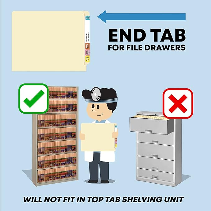 Doctor Stuff Medical Chart File Folders - Letter Size, Manila, Reinforced End Tab Folders with 2” Bonded Fastener on Top Left and Back Right Positions 3 & 5, 14 pt Manila Stock, Box of 50