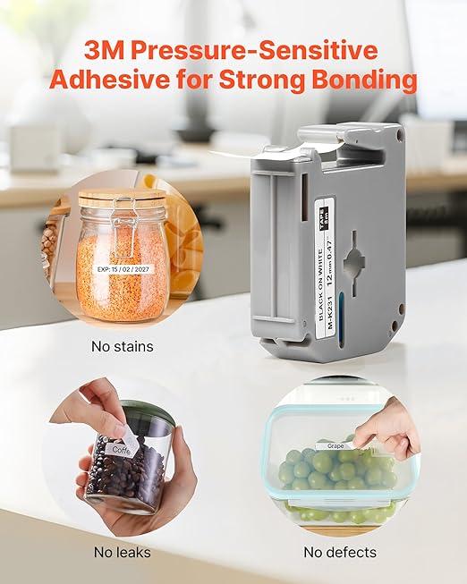VEVOR Label Maker Tape, 4 Pack, 0.47 in / 12 mm Black on White Label Cartridge Compatible for Various Types of Brother Labelers, Durable & Long-Lasting, Waterproof, Replacement for Letra Tag M-K231