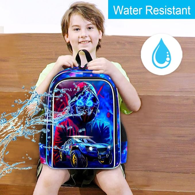 gxtvo 3PCS Boys Truck Backpack, 17" Kids Demon Bookbag with Lunch Box, Water Resistant Middle Elementary School Bag - Devil Man Truck