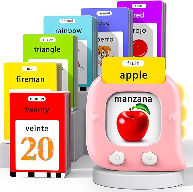 Kidzdo 520 Bilingual Spanish English Talking Flash Cards, Easter Birthday Gifts for 2 3 4 5 6 Year Old Girls, Language Pocket Speech Therapy Toys, Portable Toddlers Toys, Pink
