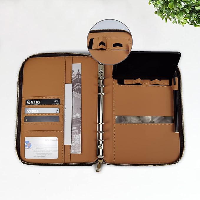 A5 Binder Case PU Leather Portfolio Budget Binder Refillable Notebook Planner Cover with Zipper 6 Rings Money Document Organizer for Business Interview (Brown)