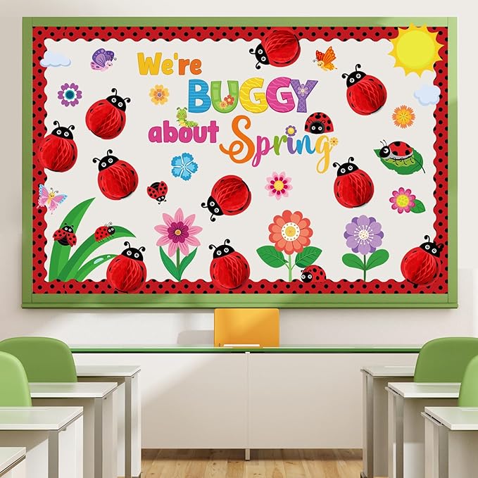 Pajean 73 Pcs 3D Spring Bulletin Board Decorations with Ladybug Honeycomb Spring Bulletin Board Set Colorful Flowers Floral Cutouts for Holiday School Office Home Nursery Wall Decor Supplies