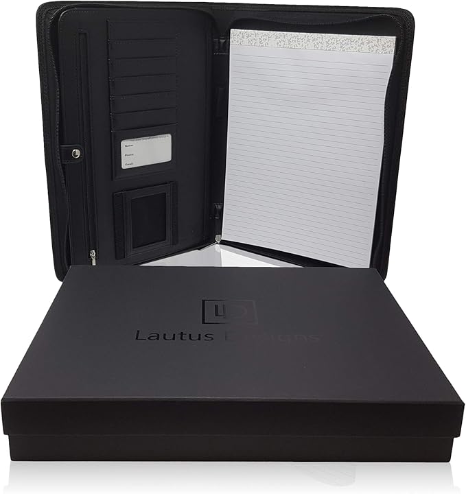 Customized Leather Portfolio Padfolio - Name/Logo Printed on Matt Black Personalized Faux Leather Business Portfolio Binder & Organizer Folder with 10.5 Inch Tablet Sleeve