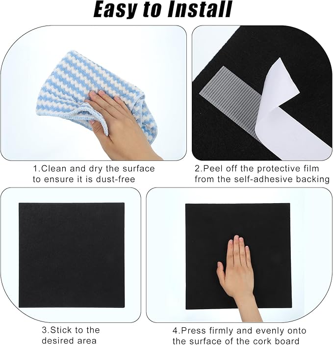 Large Cork Board 36" x 24", 6 Pack Felt Bulletin Board with 30 Pushpins, Cork Boards Alternative with Self-Adhesive Strips, Felt Wall Tiles Pin Boards for Walls Office Home School Decor-Black