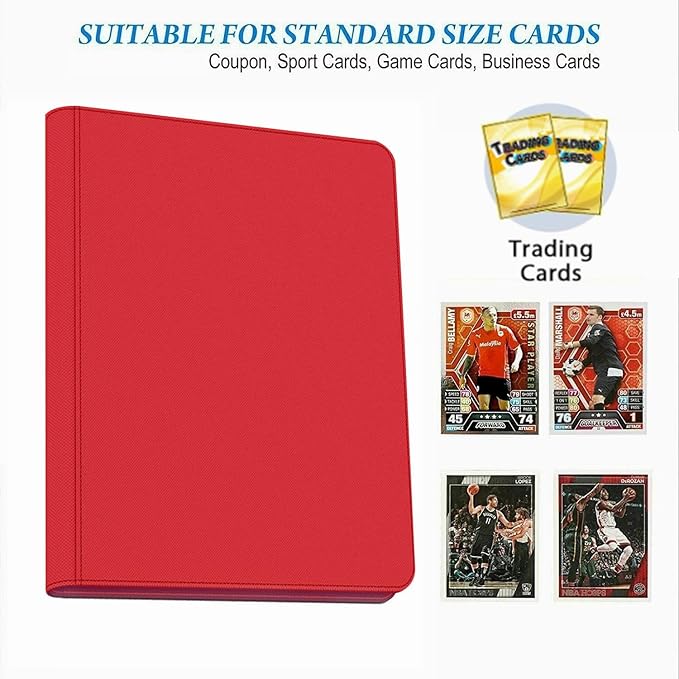 9-Pocket Zippered Trading Card Binder, 864 Pockets Double-Sided Side-Loading Card Organizer Album, PU Leather Card Holder Protector for MTG, TCG, Sports Cards (Red)