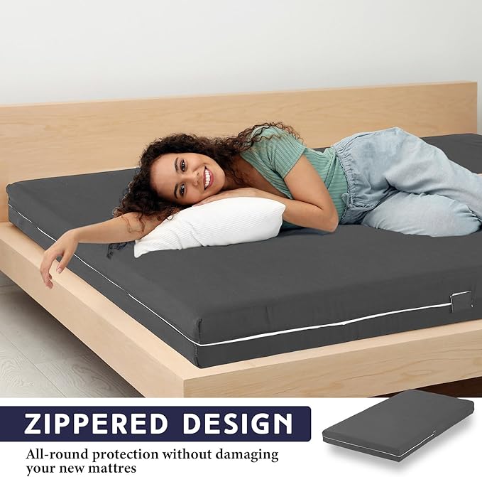 Zippered Mattress Fitted Protector Deep Mattress Encasement Soft Zipper Fitted Sheet Microfiber Bed Sheet Cover for Bed(Dark Gray,Queen,6-8in)