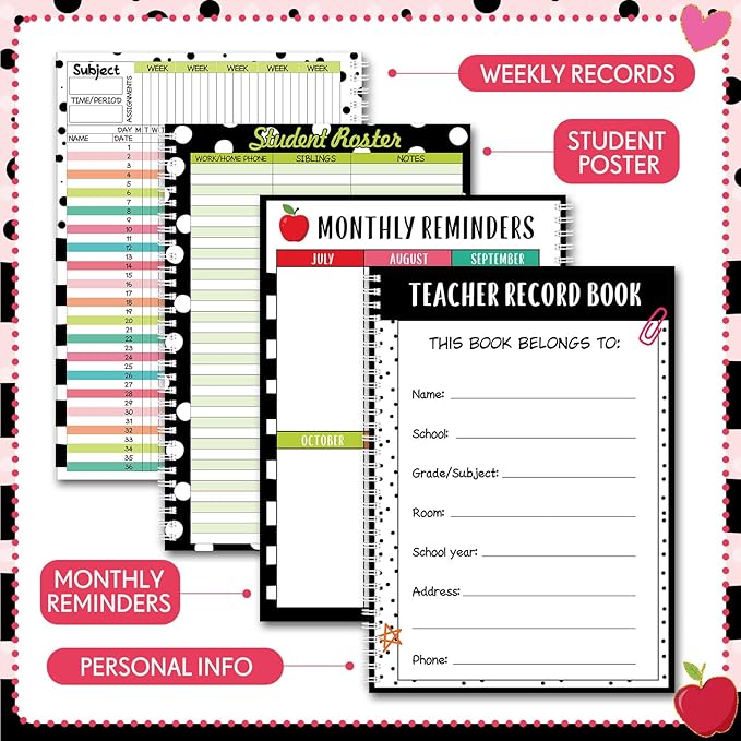 Teacher Record Book Teacher Grade Book 2026-2027 Apple Spiral Bound Record Class Planner 2026 Gradebook Office Favors for Classroom Attendance Supplies Double Sided Printing