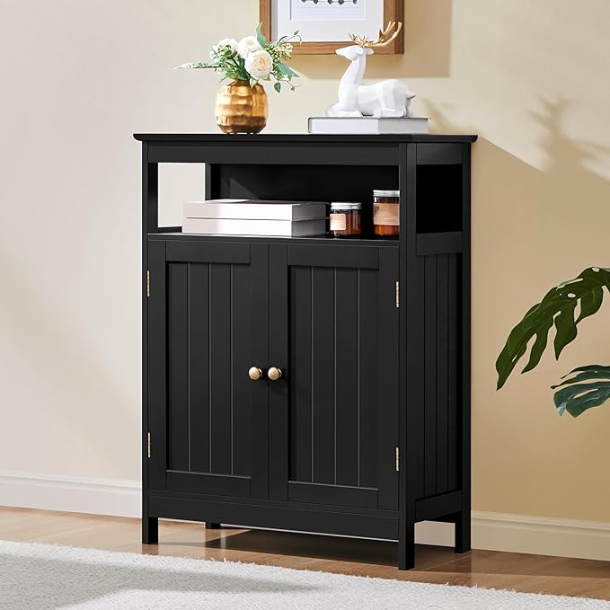 Yaheetech Bathroom Storage Cabinet, Wooden Free Standing Storage Organizer with 2 Doors & 1 Open Compartment, Adjustable Shelf,Floor Cabinet for Bathroom, Living Room, Hallway, Black